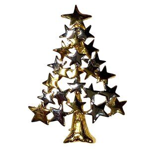 Christmas Tree Brooch Pin with Gold and Silver Stars
